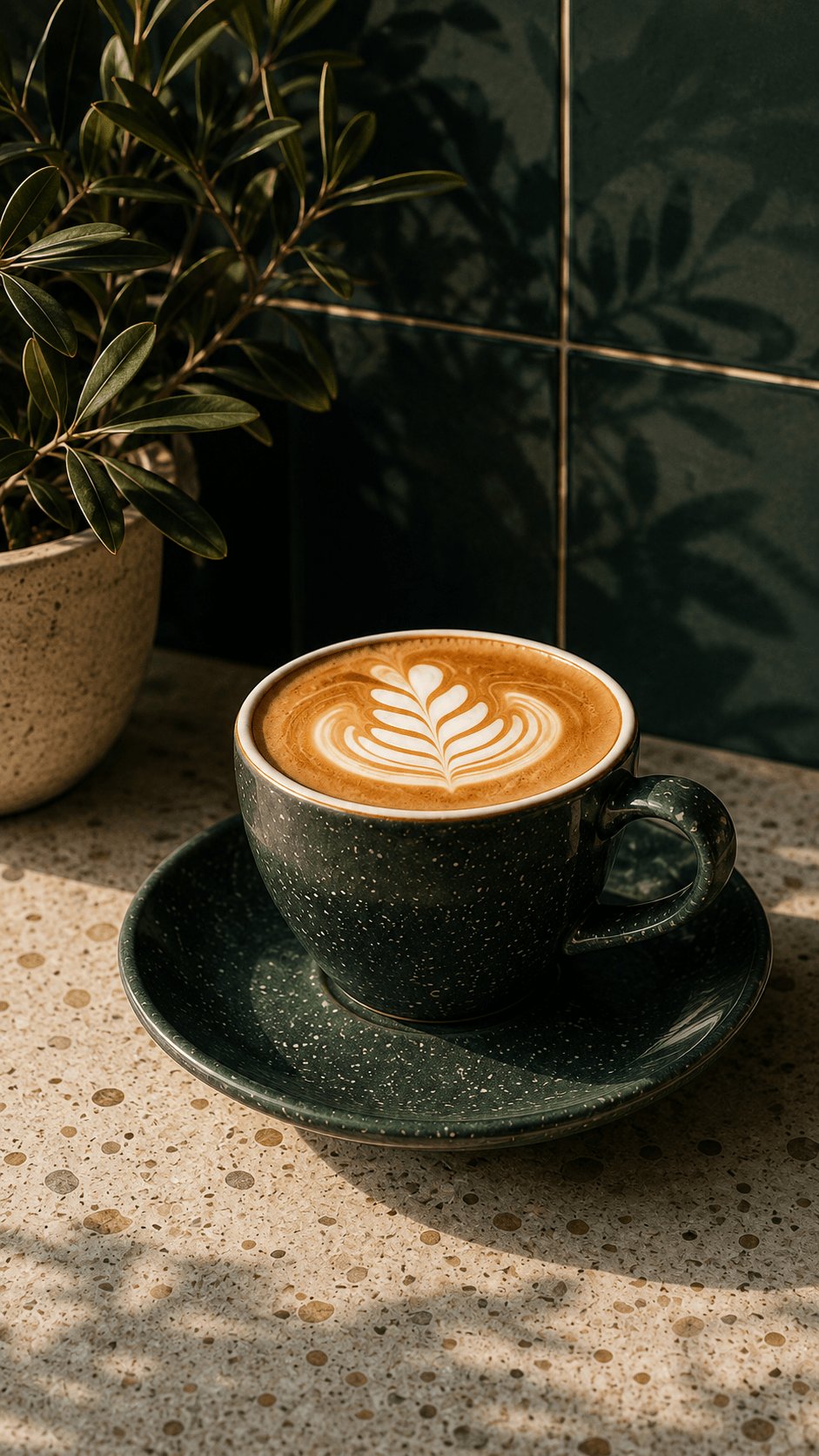 Latte with leaf art in a dark green speckled cup on a terrazzo counter